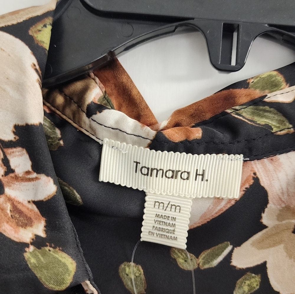 Tamara H Satin Floral Black and Brown Women's Top Button Down Nwot - Picture 4 of 7